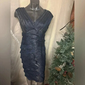 Adrianna Papell Blue Satin Shutter Pleat Tiered Layered Sheath Dress 8
